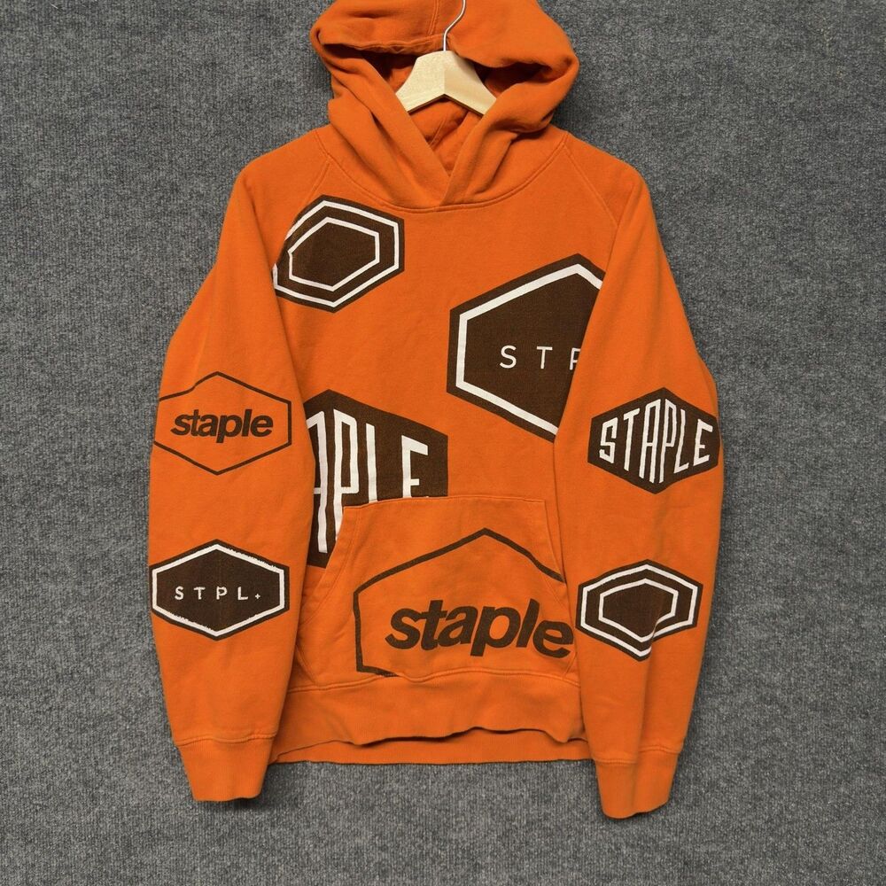 Staple Pigeon Hoodie Mens XL Orange AOP Graphic Fleece Pullover Streetwear